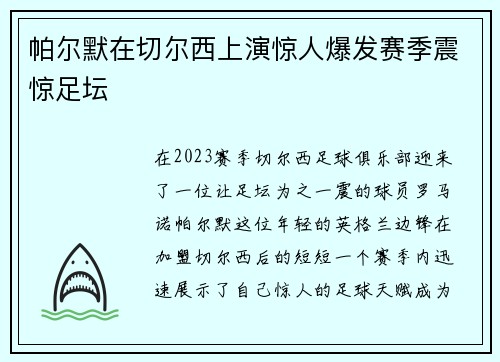 帕尔默在切尔西上演惊人爆发赛季震惊足坛